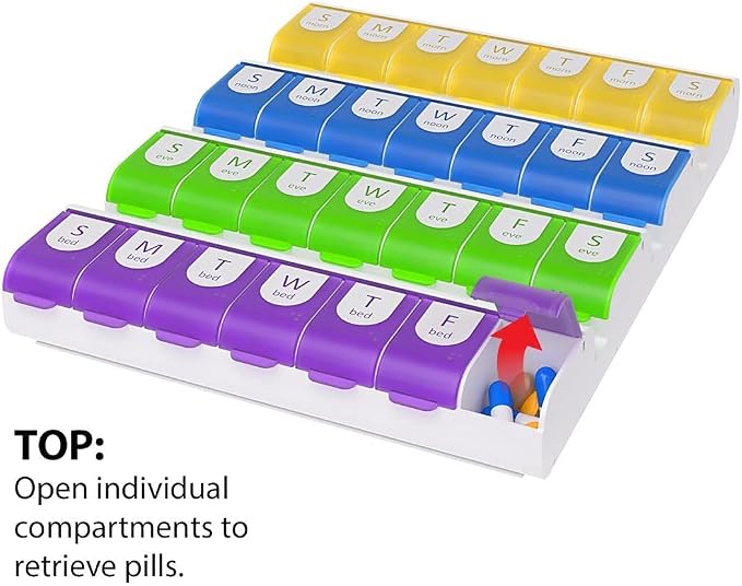 EZY DOSE Weekly (7-Day) Pill Case, Medicine Planner, Vitamin Organizer Box, 4 Times a Day, Large Compartments, Easy Fill All Compartments at Once Organizer, Multi-Colored, BPA Free | Pill Case, Medicine Planner, Vitamin Organizer Box, 4 Times a Day, Ea...