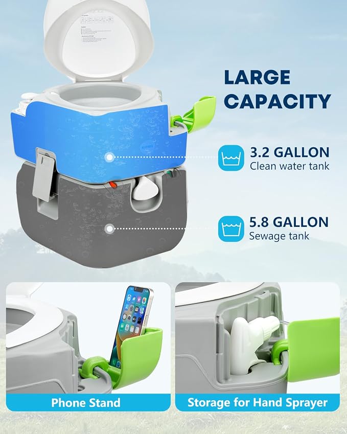 Kohree 5.8 Gal Camping Toilet for Adults with Diagonal Elongated Bowl Seat | Portable Cassette Toilet Leak-Proof with Large Waste Tank, Level Indicator, RV Travel Porta Potty for Boat Trip Home Use