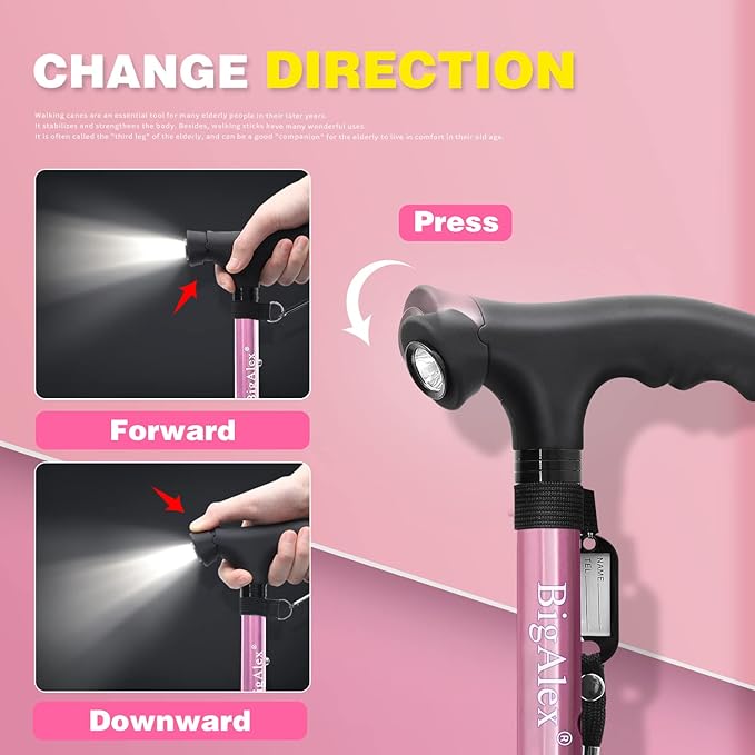 BigAlex Folding Walking Cane with LED Light,Pivoting Quad Base,Adjustable Walking Stick with Carrying Bag for Man/Woman (Alloy Base)