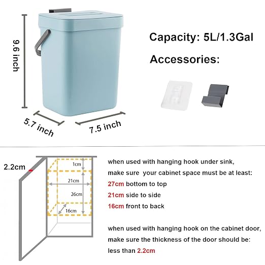 LALASTAR Small Trash Can with Lid, Compost Bin Indoor Kitchen Sealed Under Sink for Kitchen, Food Waste Bin for Countertop, Mountable Garbage Can for Bathroom, RV, 5L/1.3 Gal, Blue