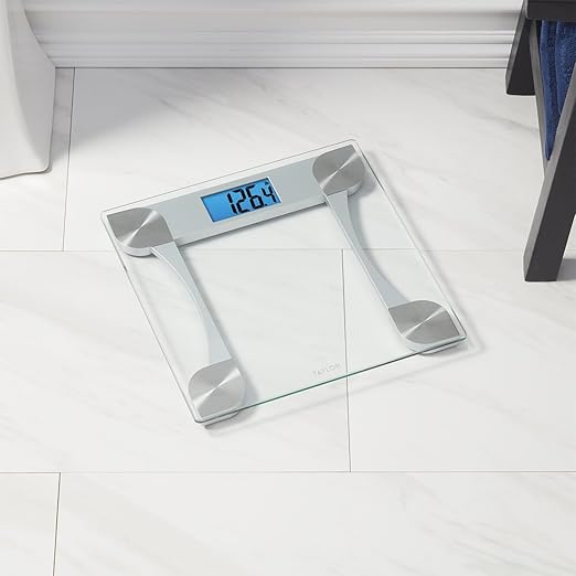 Taylor Digital Bathroom Scale with Glass Platform and Blue Backlit Display - Body Weight Scale, 440 lb Capacity, 2-User Weight Tracking, 12.2 in Platform, Clear