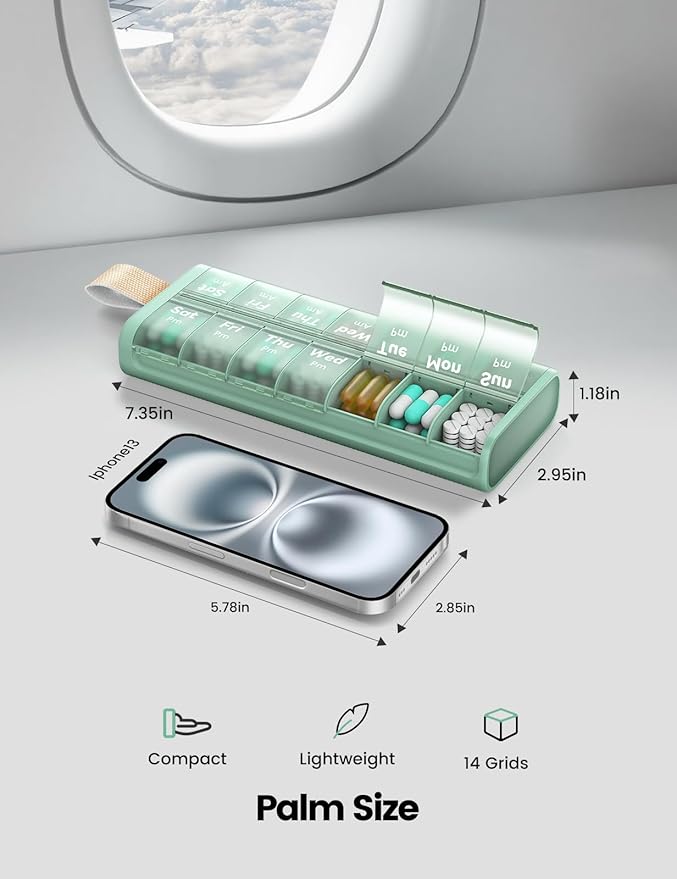 Weekly AM PM Pill Organizer 7 Day, Large 2 Times a Day Pill Box Case with Carry Handle, Moisture-Proof Desiccant & Secure Easy-Open Lids for Vitamins and Supplements