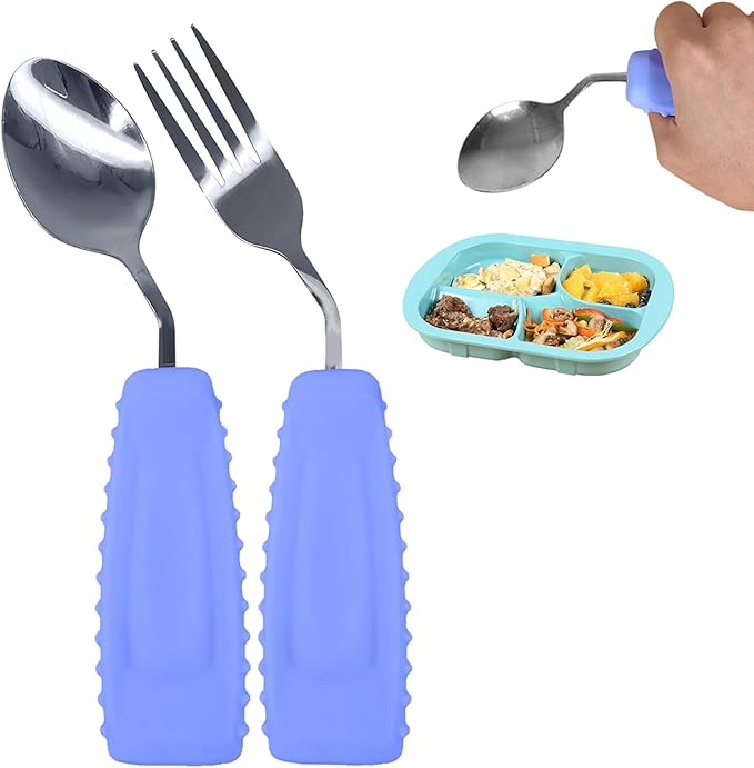 Adaptive Utensils, Weight Utensils for Tremors and Parkinson Patients, Utensil Set Spoon and Fork for Elderly (Right Hand - 1 Set Purple Spoon and Fork)