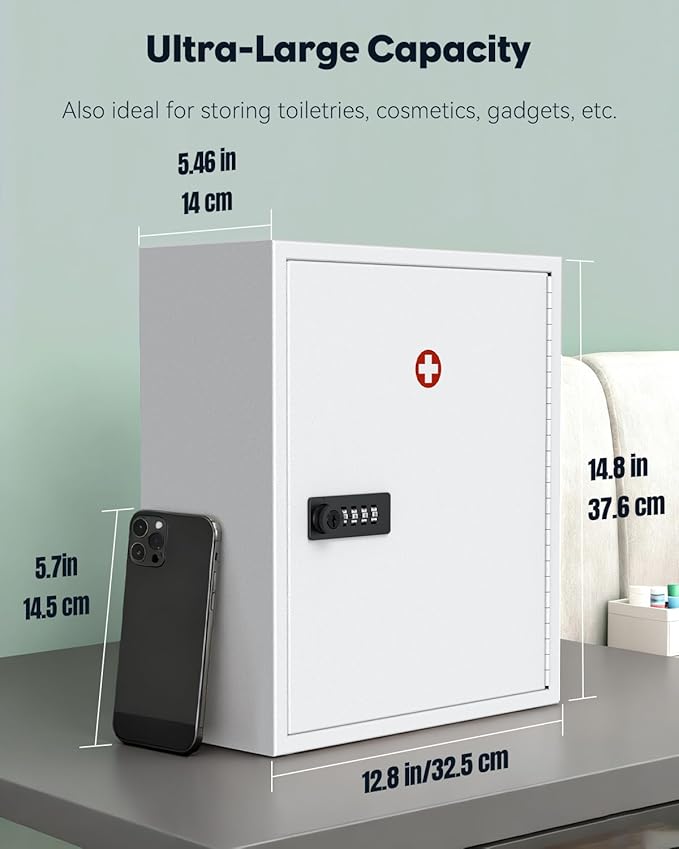 Uniclife Wall Mount Medicine Cabinet with Combination & Key Lock Locking First Aid Cabinet Lockable Medical Cabinet Large Capacity Medicine Organizer Secure Steel Wall Cabinet Metal Storage Box, White