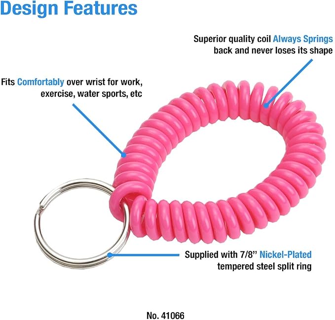 Lucky Line 2” Spiral Wrist Coil with Steel Key Ring, Flexible Wrist Band Key Chain Bracelet, Stretches to 12”, Neon Pink, 10 PK (41066)