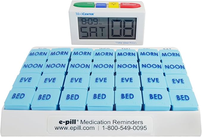 e-Pill 4 Times a Day x 7 Day Large Weekly Pill Organizer, Vitamin, and Medicine Pillbox - with 4 Alarm Talking Reminder
