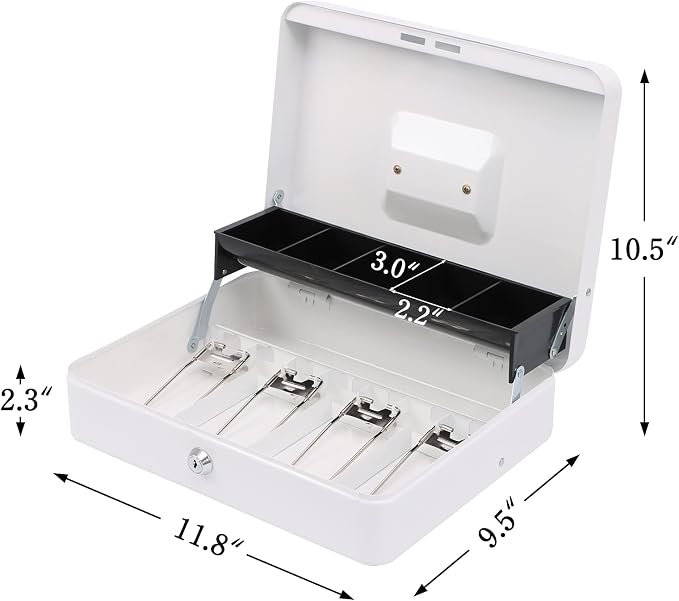 xydled Metal Cash Box, Cash Box with Money Tray and Key Lock, Storage Box, White,4 Bill / 5 Coin Slots,11.8" x 9.5" x 3.5",White