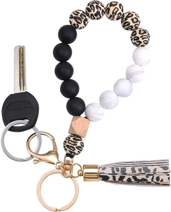 BAOSIWA Silicone Key Ring Bracelet Wristlet Keychain Unique Beaded Bangle Key Chains for Women with Leather Tassel