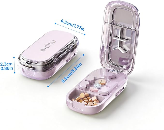 Pill Cutter Splitter for Small and Tiny Large Pills,Adjustable Pill Splitter Push-Button Cuts into 1/2, 1/3, 1/4，Comes with a Small Brush and a Medicine Storage Box (Pink, 1/2,1/3,1/4)