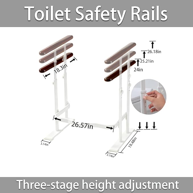 Toilet Safety Rails for Seniors - Toilet Safety Frame with Dual Pillars, Waterproof Nighttime Reflective Base, 3-Speed Height Adjustment (Brown, Double Pillar)