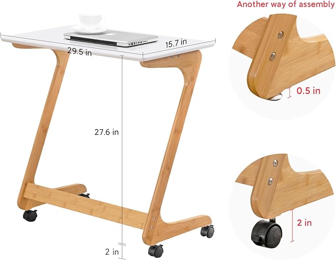 Nnewvante TV Tray Table with Wheels Sofa Side Table with Casters Couch Laptop Desk End Table Snack Tray for Living Room Bedroom Small Spaces White Bamboo Large 29.5'' x 15.8''