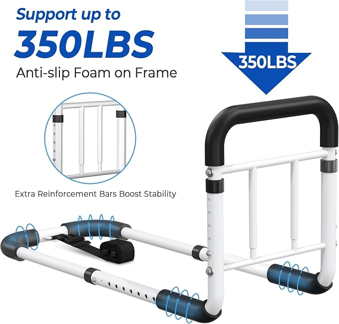 Bed Rails for Elderly Adults Safety - ASTM Approved Adjustable Bed Cane with Non-Slip Ergonomic Handle & Storage Pocket, Bed Railings for Seniors Support 350 LBS, Tool-Free