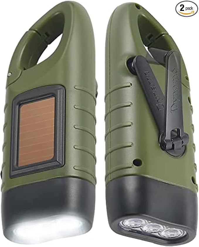 Simpeak 2-Pack Hand Crank Solar Powered Flashlight, Emergency Rechargeable LED Survival Flashlight, Quick Snap Carbiner Dynamo Flash Light Torch for Outdoor Sports, Green