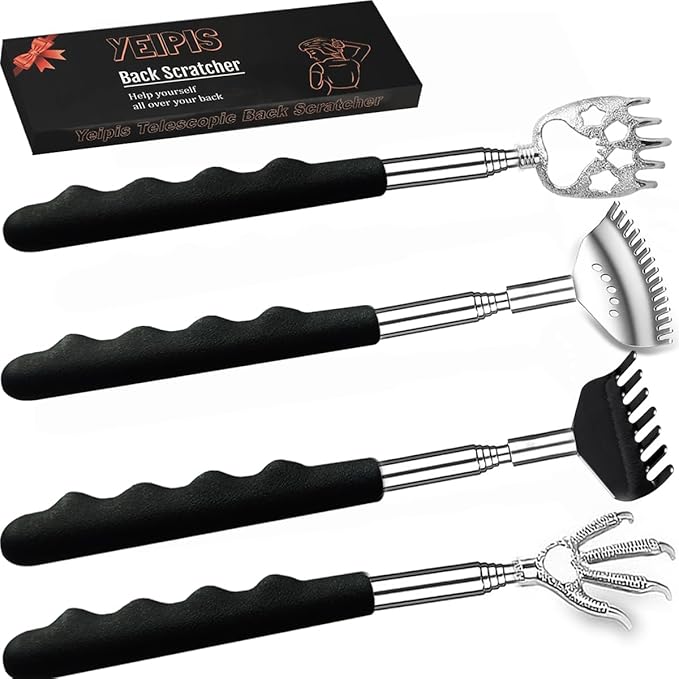 4Pcs Different Back Scratcher Extendable Back Massager Tool with Rubber Handles, Metal Portable Telescoping Back Scratcher, Stocking Stuffers for Men Women Christmas Gift (Black)
