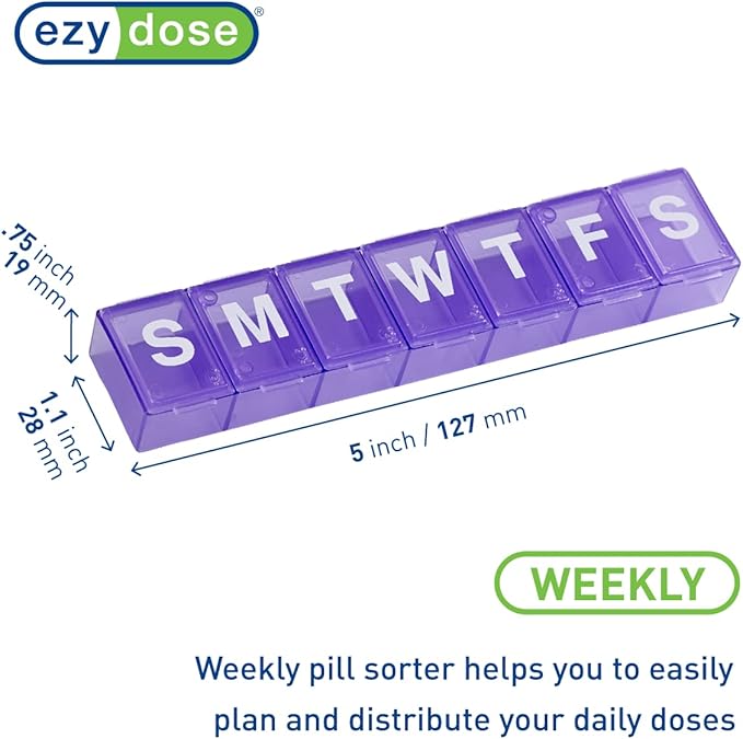 Ezy Dose Weekly (7-Day) Pill Organizer, Medium Planner, Purple, BPA-Free | Compact Daily Vitamin & Supplement Medicine Case, Pop Up Compartments, Convenient and Easy to Use, Travel-Friendly, BPA-Free