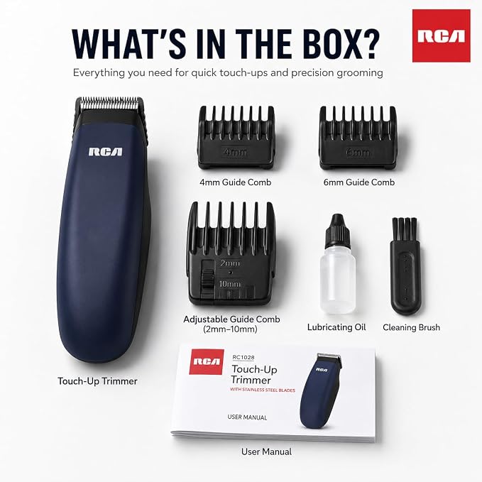 RCA Touch-Up Trimmer for Men, Cordless Travel Size Facial Hair Trimmer with Stainless Steel Blades, Lightweight Portable Beard Detailer for Mustache, Sideburns & Neckline