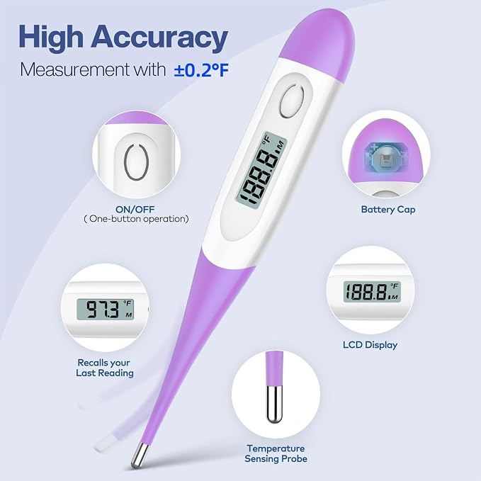Boncare 10 Seconds Oral Thermometer for Adults and Kids, Purple | Accurate & Safe, Rectal Digital Thermometer for Baby, Fever Alarm