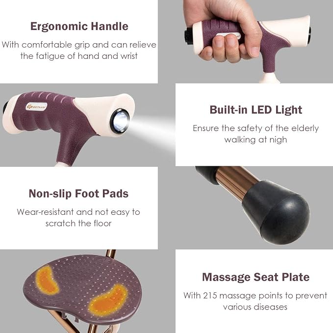 Goplus Walking Cane with Seat, Heavy Duty Aluminum Alloy Crutch Chair with LED Light and Retractable 3 Legs, Portable Anti-Slip Seat Cane, Lightweight Walking Stick for Seniors Elderly