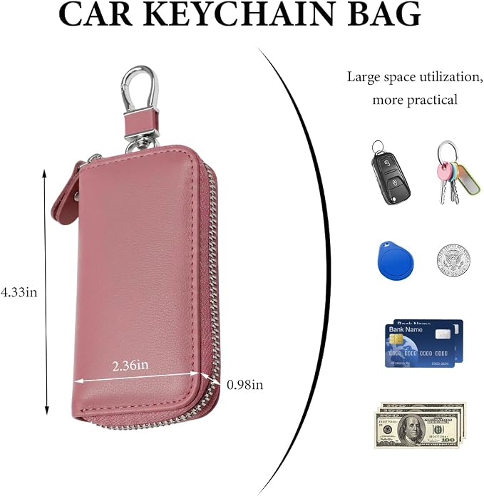 Leather Car Key Holder Bag, Unisex Key Fob Case with 6 Hooks, Zipper Closure Keychian Case Wallet for Smart Keys (Bean Pink)