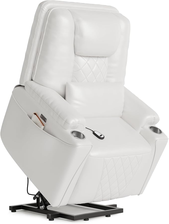 Recliner Chair, Electric Power Lift Chair with Remote, Stand Assist for Elderly, 3 Adjustable Positions, USB Charging Ports, Cup Holders, Side Storage Pockets, Comfortable Sofa for Living Room, White