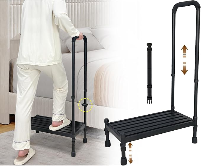 KAAMOS Bedside Step Stool with Handrail for Elderly, Medical Foot Step Stool with Handle to Get in Bed, Adults Bed Steps for High Beds, Heavy Duty Adjustable Stepping Stool Handicap Step for Bedroom