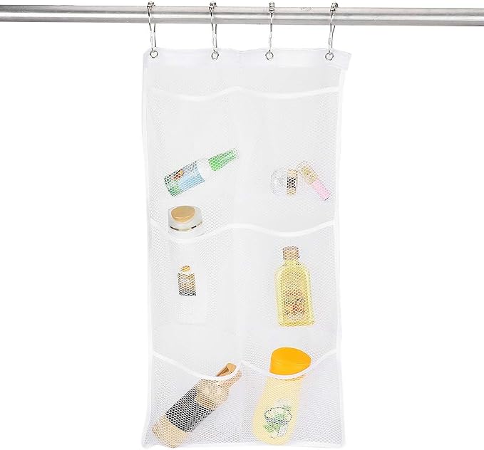 Joyzan Mesh Shower Organizer, 6 Pockets Hanging Caddy Portable Space Saving | Bathroom Holder Quick Drying Hanger Curtain Rod Storage Soap Shampoo Loofah Cruise Liner Ship Essentials Bath Toy Toiletry