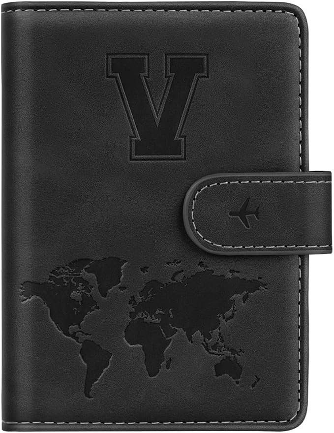 Passport Holder for Travel Essentials Personalized Initial Wallets | Embossed Letter A-Z Design, RFID Blocking, Passport Cover, Passport Book Holders, Men Women, Personalized Gifts, Black-V