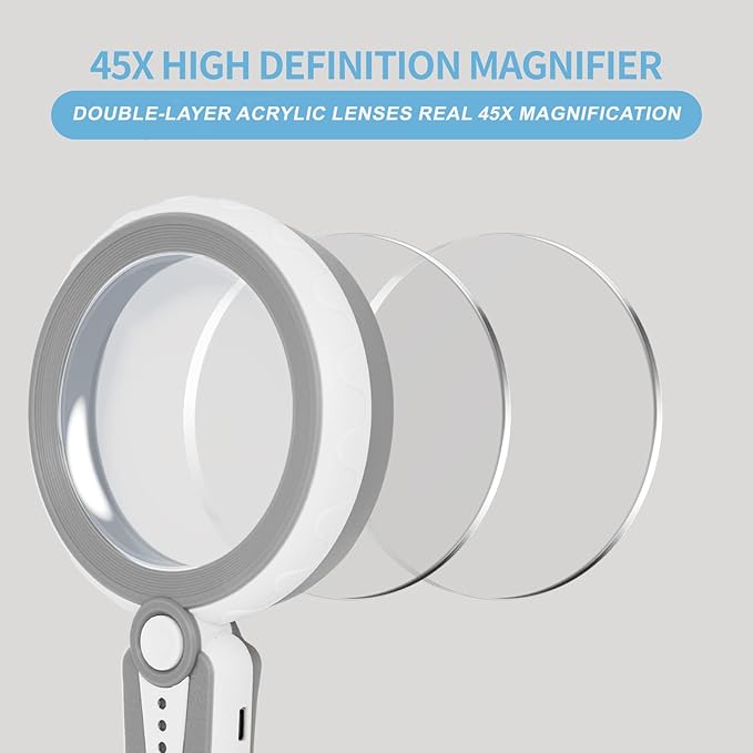 45X Magnifying Glass with Light, 1200mAh USB Rechargeable, 6 Light Modes, 4.6" Large Handheld Magnifier for Low Vision Seniors with Macular Degeneration, Reading, Jewelry, Coins - Grey
