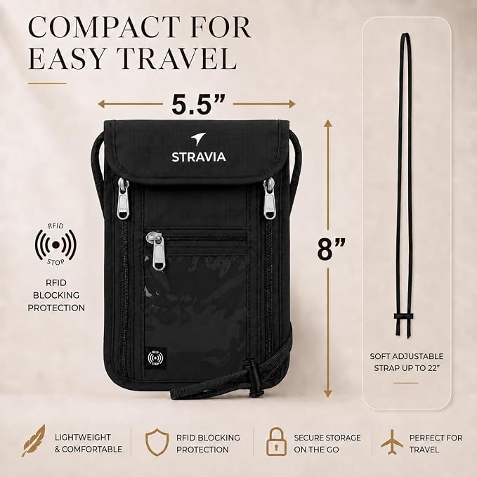 Voyager Neck Wallet RFID Blocking Passport Holder, Light 6-Compartment Hidden Travel Pouch with Adjustable Strap, Water-Resistant Wallet for Cash, Cards & ID (Black, Pro (8" x 5.5"))