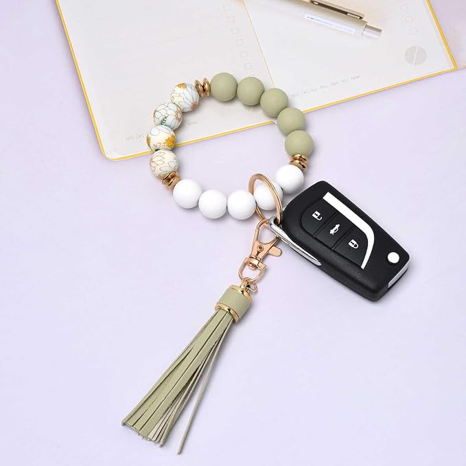 BAOSIWA Silicone Beaded Bracelet Keychain Wristlet Key Ring Bangle Chains for Women with Leather Tassel