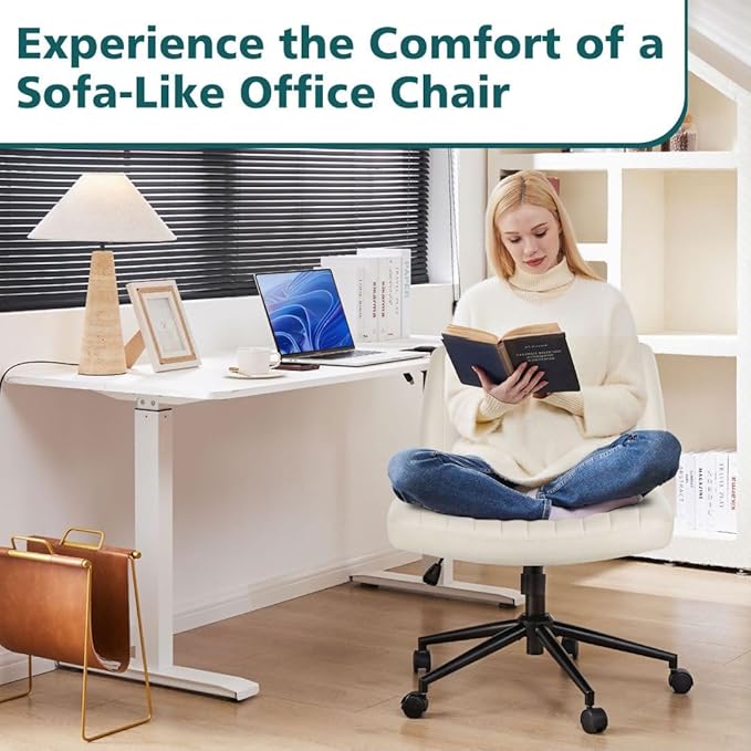 Criss Cross Chair with Wheels, Ergonomic Armless Swivel Comfy Vanity Seat, Wide Back Support and Adjustable Height for Home Office Bedroom Computer Gaming Makeup, Beige Leather