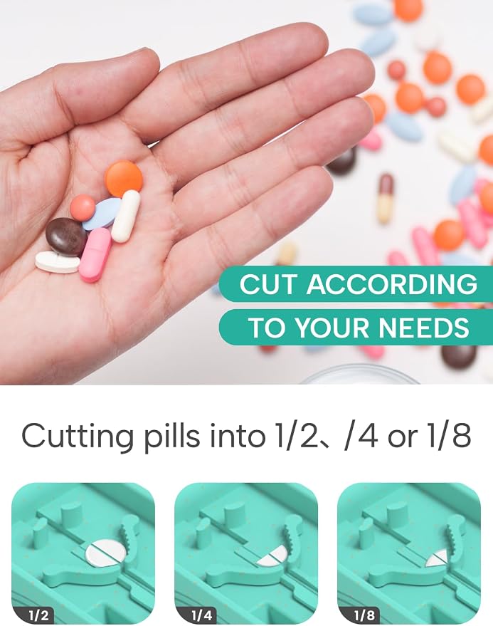 Pill Cutter with Medicine Labels Stickers, Easy to Carry and Use Pill Splitter, Splitter Provides Drug Prompts, Assist Family Members in Using Drugs Quickly and Safely (Blue Green)