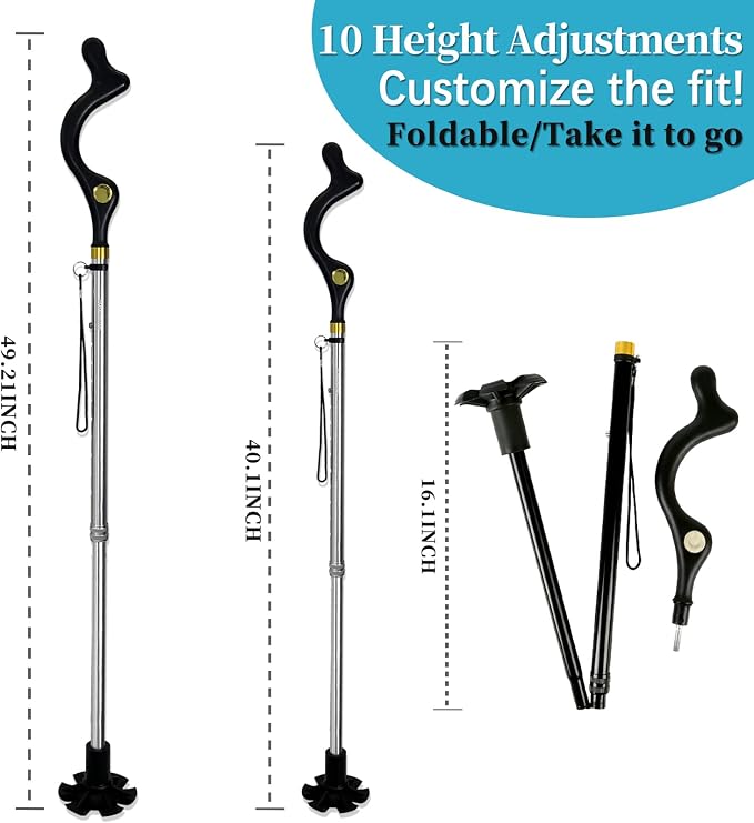 Walking Cane Foldable for Men & Women Seniors for Balance,Self Standing Folding,Height Adjustable Anti-Slip Lightweight Alloy Walking Stick for Travel Mobility Aid