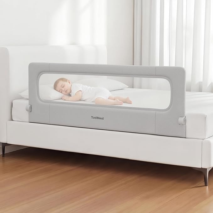 Bed Rail for Toddlers, 59 Inch Foldable Baby Guard | 59 in foldable toddler rail with reinforced anchors, no-gap mattress fit, double lock, washable fabric for King|Queen