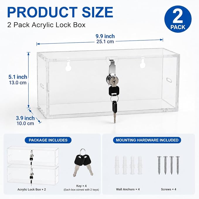 2 Pack Clear Acrylic Lock Box with Key Lock, Wall Mountable Security Storage Box, 9.9 x 5.1 x 3.9 Inch Lockable Container for Medicine, Phones, Snacks and Home Valuables