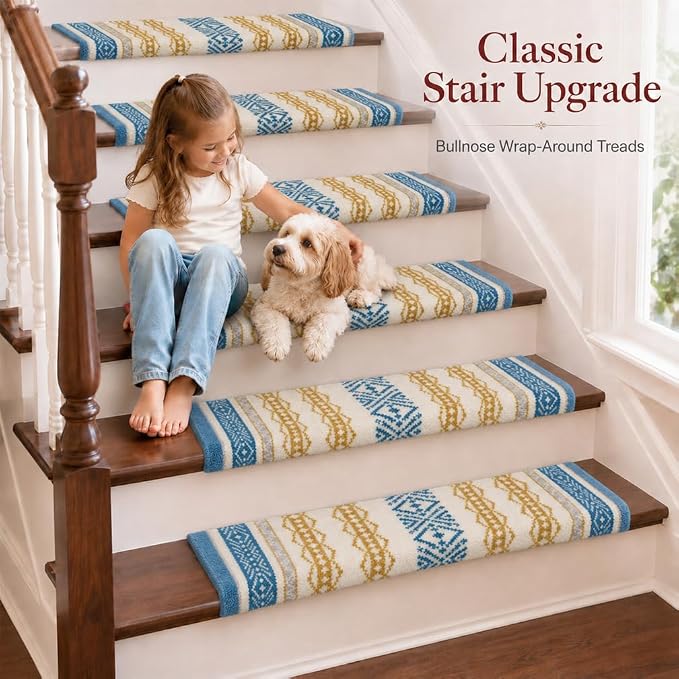 Rounded Bullnose Carpet Stair Treads for Wooden Steps Indoor, No Tape Non Slip Step Mats with TPU Backing & Steel Reinforced Edge for Dogs Elders,Teal Stripe,2