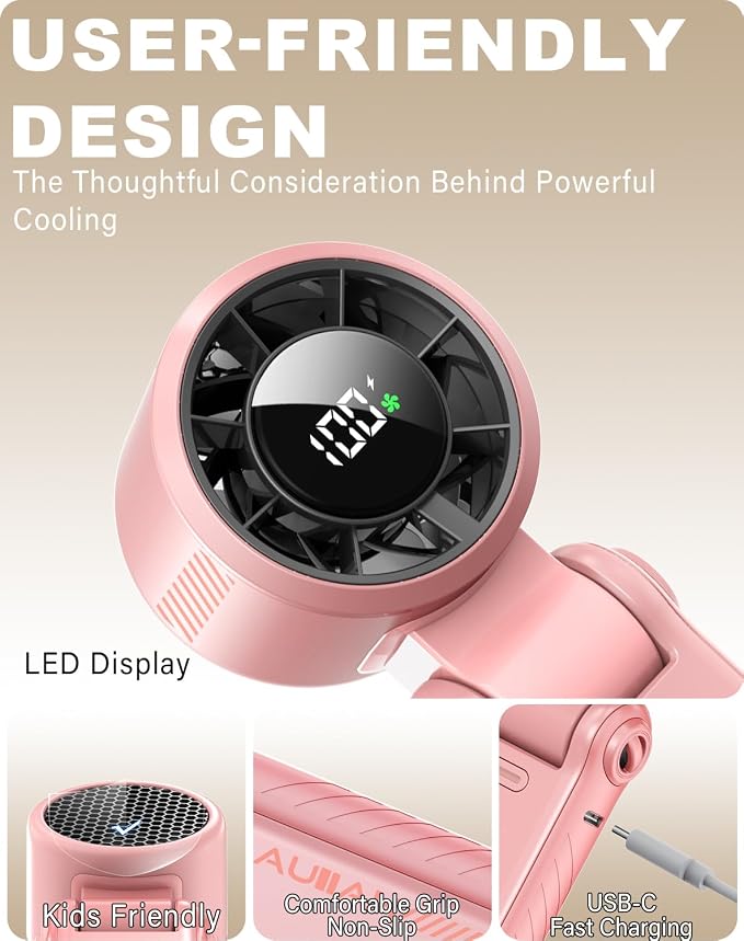 Portable Handheld Turbo Fan - 5 Speed Mini Personal Fan with Strong Airflow, Foldable 3 in 1 Rechargeable Battery Operated Trave Essentials Hand Fans for Indoor/Outdoor Use, Pink