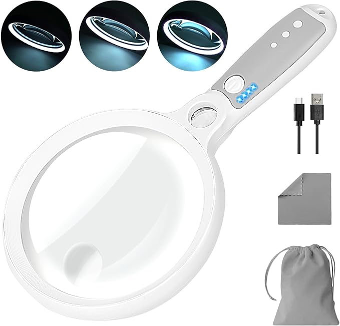 Large Magnifying Glass with 37 LED Light, 10X 20X 45X Handheld Illuminated Lighted Magnifier with 3 Light Modes Rechargeable Magnifying Glass for Seniors Reading, Inspection (White & Grey)