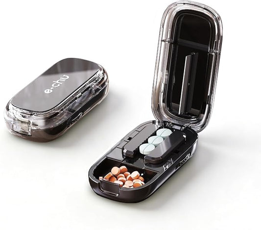Pill Cutter Splitter for Small and Tiny Large Pills,Adjustable Pill Splitter Push-Button Cuts into 1/2, 1/3, 1/4，Comes with a Small Brush and a Medicine Storage Box (Black, 1/2 Slice)
