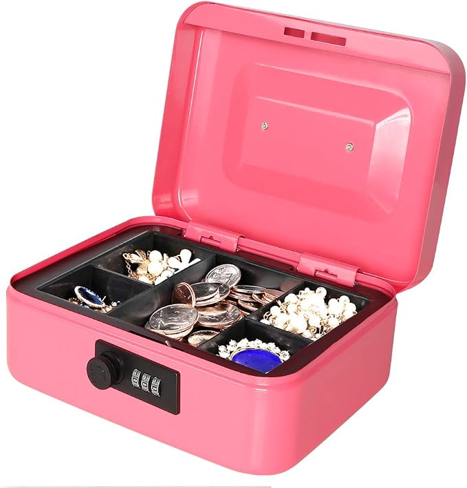 Jssmst Medium Cash Box with Combination Lock - Durable Metal Cash Box with Money Tray Pink,7.87 x 6.3 x 3.35 inches,CB0704M