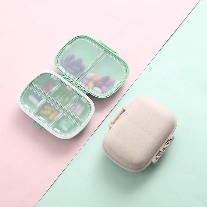 2 Pack 8 Compartments Travel Pill Organizer, Daily Pill Case Small Pill Box for Pocket Purse, Portable Pill Container Medicine Vitamin Organizer (Cyan & Khaki)