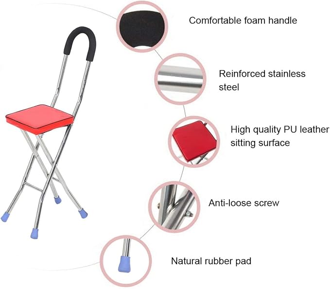 Folding Canes with Seat Crutch Chair 330 Lbs Capacity, Heavy Duty Stainless Steel Cane Chair with 4 Legs, Anti-Slip Seat Cane, Lightweight Walking Stick for Seniors Elderly