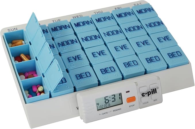 e-Pill 4 Times a Day x 7 Day Large Weekly Pill Organizer, Vitamin and Medicine Pillbox - with Reminder