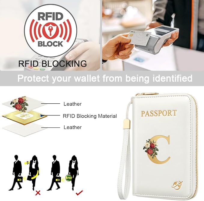 Passport Holder for Travel Personalized Wallet with Wristlet Women | All-in-One Passport Cover, RFID Blocking, Back Coin Pocket, Paper Money Slot, Zipper Closure, Roses Initial Letter, White C