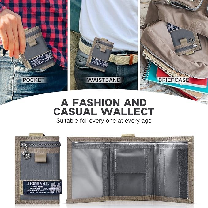 JEMINAL Trifold Canvas Wallet for Men Outdoor Sports Wallet with Keychain, Multiple Card Slots, ID Window, Lightweight Nylon Casual Wallet, Grey