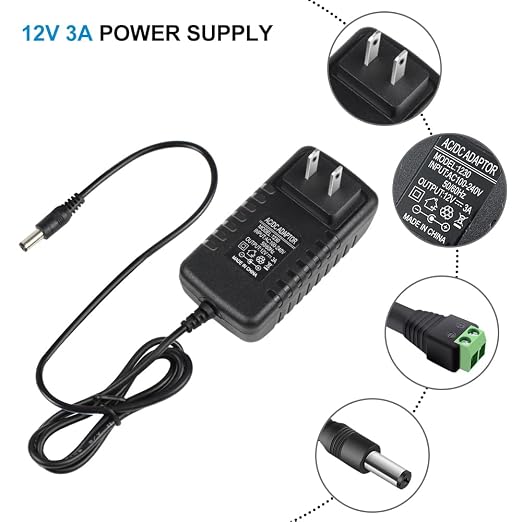 12V Power Supply, 12 Volt 3A 36W DC Power Supply, Black LED Power Adapter, AC 110V to 12V Wall Mounted Transformer Plug for LED Strip Lights with 5.5/2.1 DC Female Connector, 3 Pack