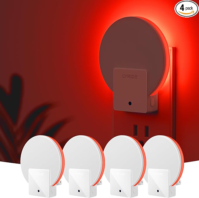 Red Plug in LED Backlit Night Light, Auto Dusk to Dawn Sensor, 1-50 LM Dimmable Sleep Aid Nightlight Indoor for Bedroom, Kids Room, Elderly Housing, Bathroom, Kitchen, Stairs, Hallway, 4 Pack