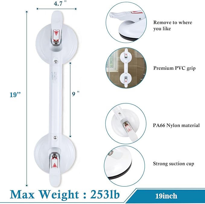 19inch Suction Shower Grab Bar, Portable Shower Handle Bar Suction Grip Bar Bathtub Handle with Strong Hold Suction Cup Fitting and Rapid Release for Bathroom(Max Capacity :300lb