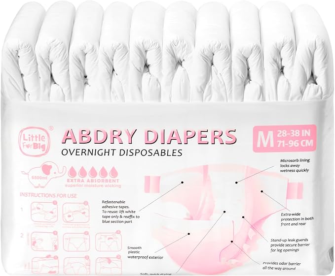 Littleforbig Adjustable Tapes Adult Diaper 10 Pieces - ABDry Ultra Absorbent Diapers 6500 mL White (Medium 28"-38")