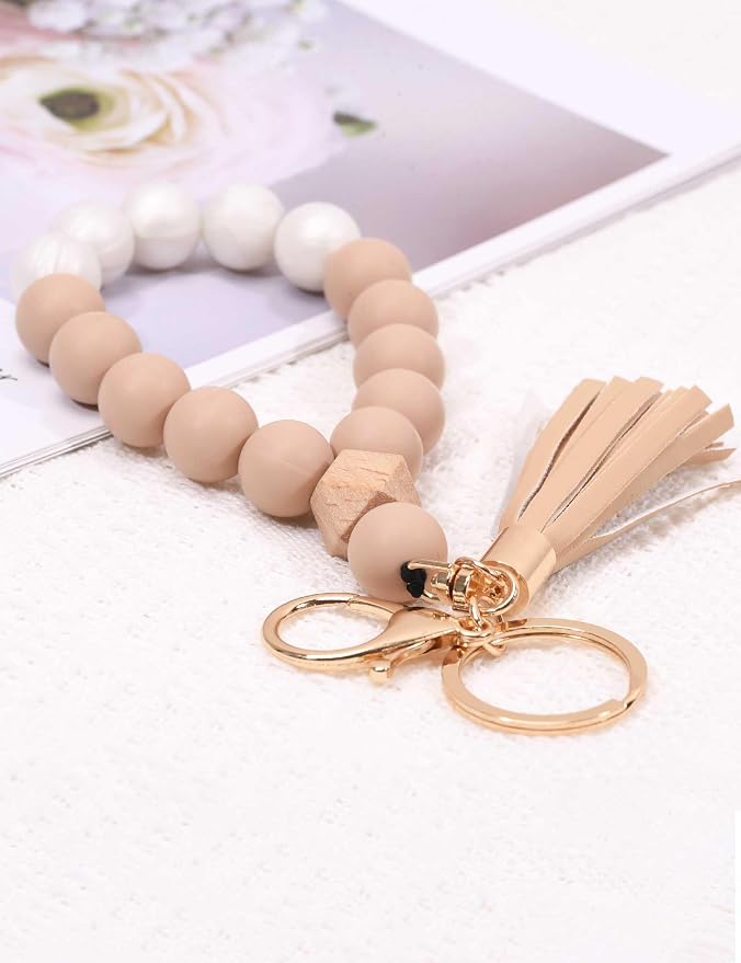 BAOSIWA Silicone Key Ring Bracelet Wristlet Keychain Unique Beaded Bangle Key Chains for Women with Leather Tassel